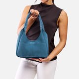 Mariner Blue Medium | U-shaped, flat-bottomed leather shoulder bag with two outside pockets