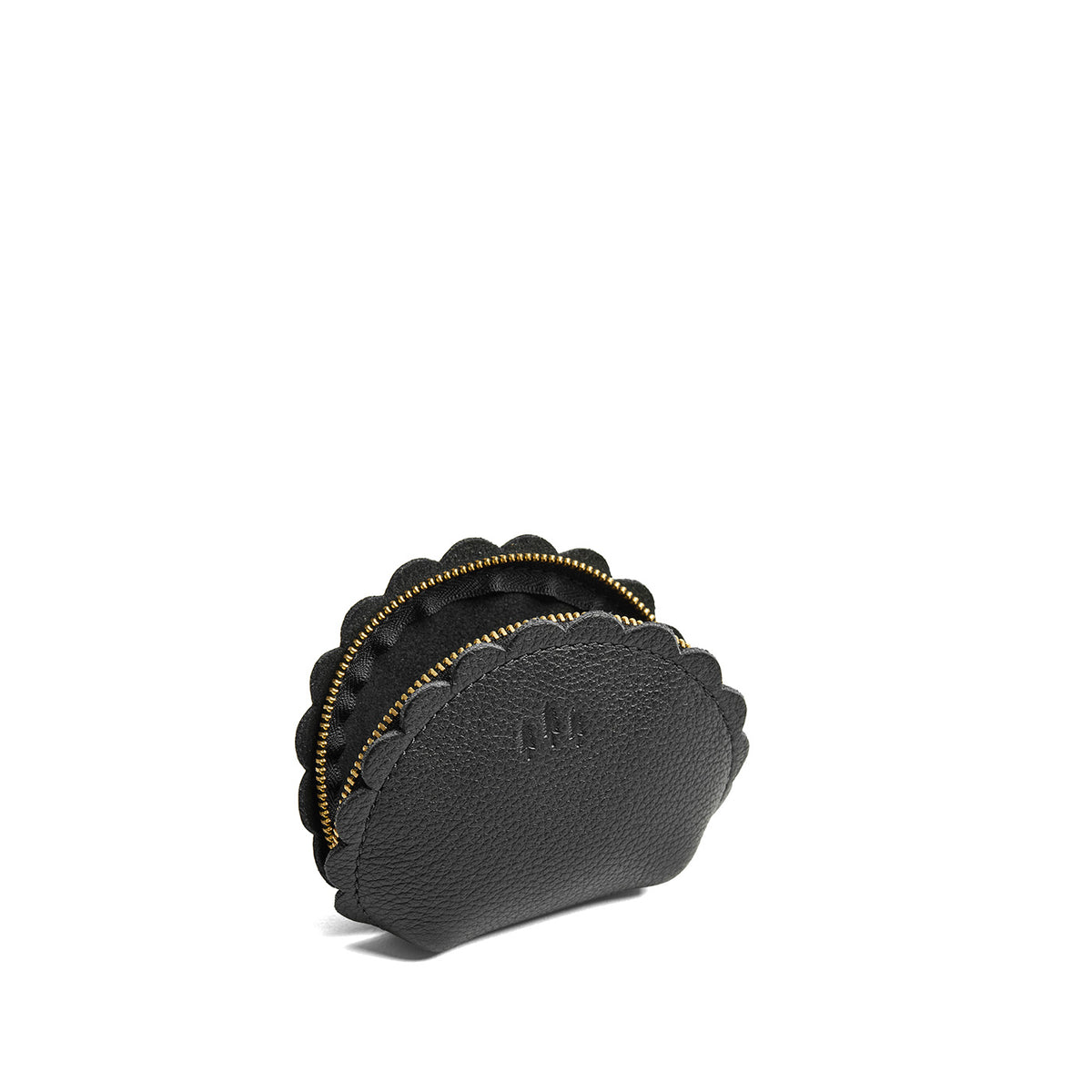 Pebbled--black*Small | Curved leather pouch with zipper and scalloped edges