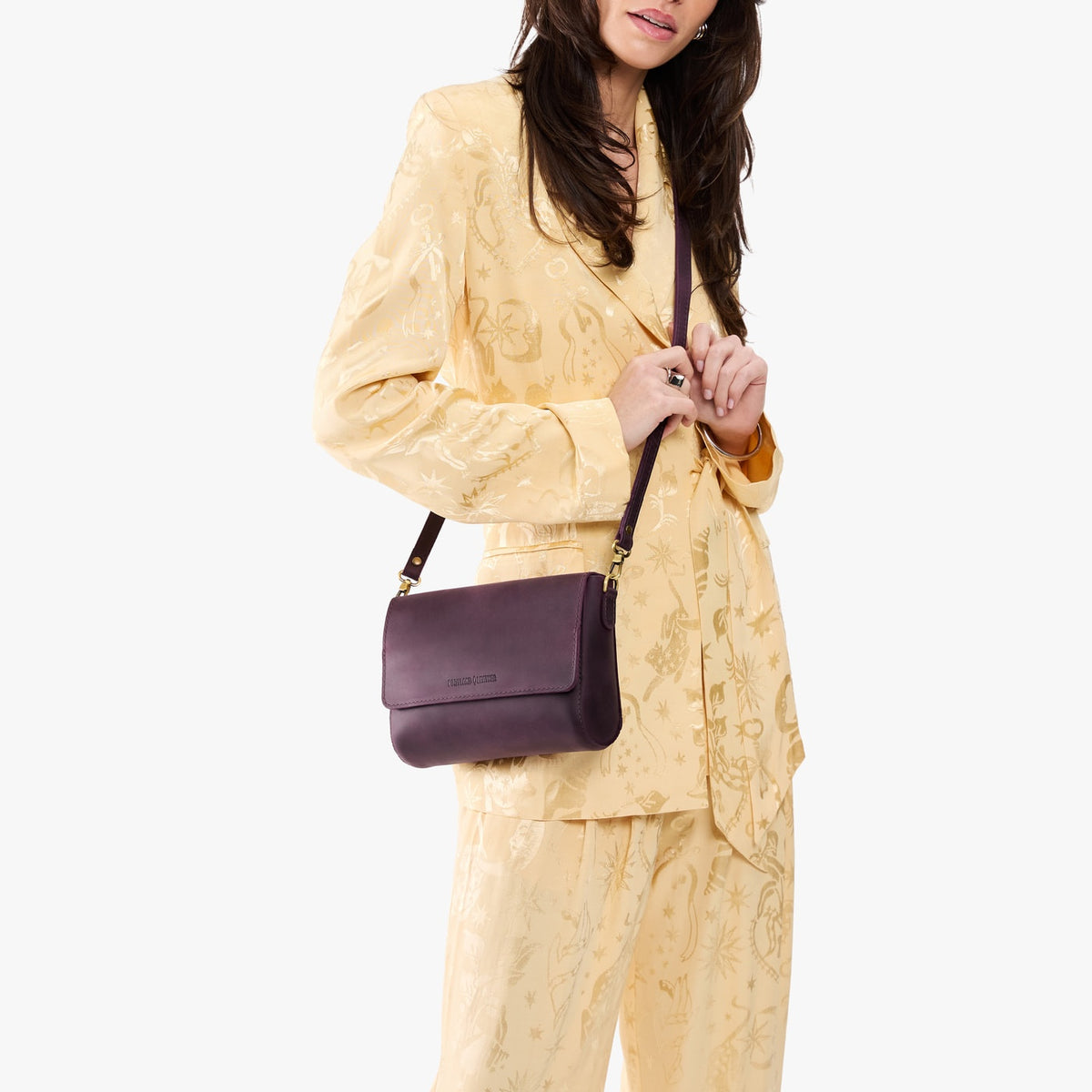 Larkspur*Medium | Model wearing leather Crossbody Bag with Magnetic Messenger Bag 