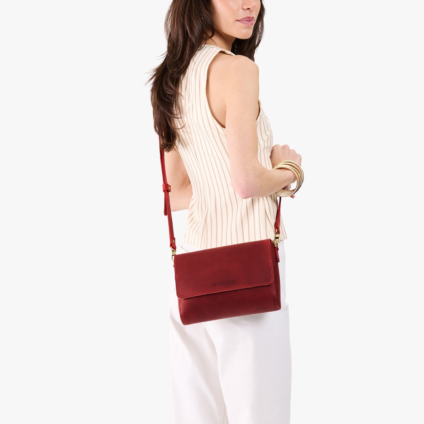 Phoenix*Medium | Model wearing leather Crossbody Bag with Magnetic Messenger Bag 