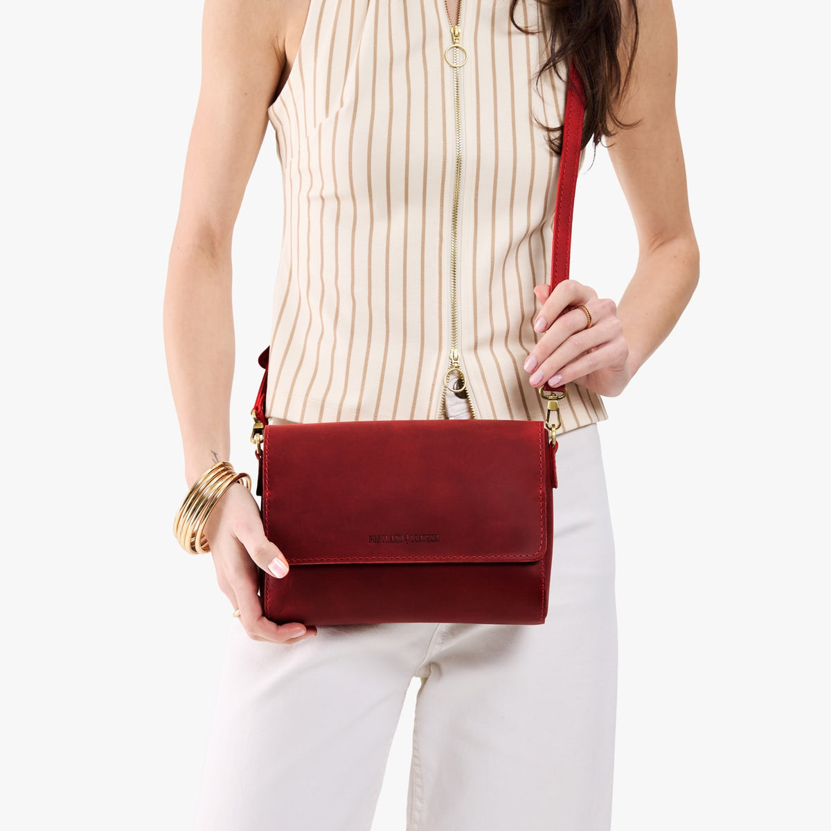 Phoenix*Medium | Model wearing leather Crossbody Bag with Magnetic Messenger Bag 