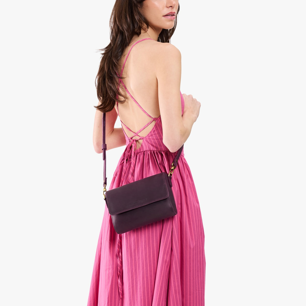 Larkspur*Mini | Model wearing leather Crossbody Bag with Magnetic Messenger Bag 
