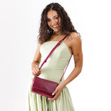 Orchid Mini | Model Wearing Leather Crossbody Bag with Magnetic Messenger Bag Closure