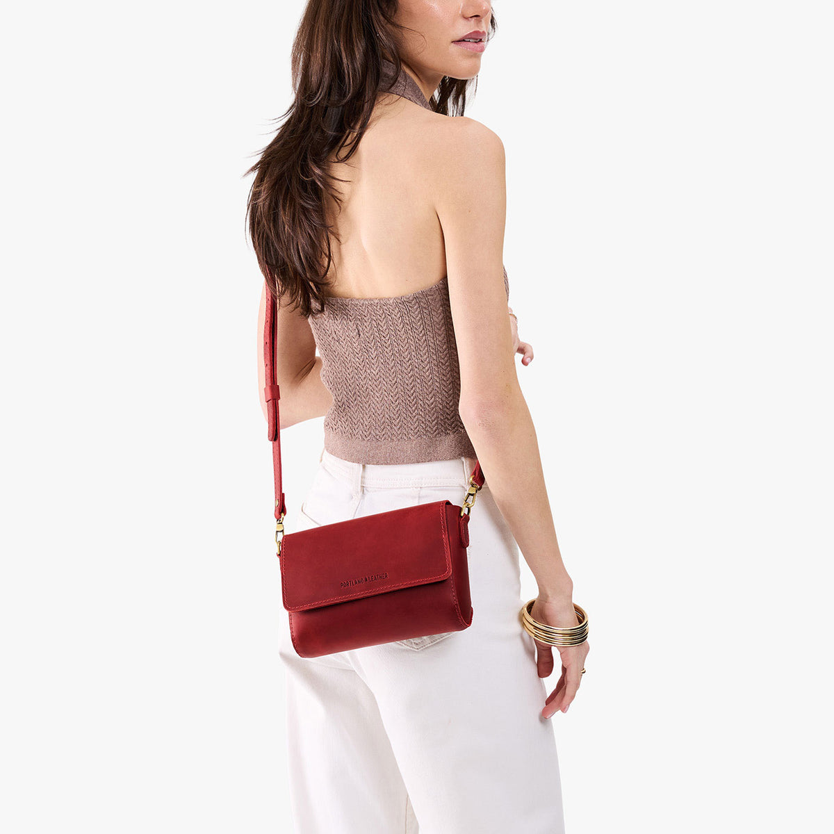 Phoenix*Mini | Model wearing leather Crossbody Bag with Magnetic Messenger Bag 