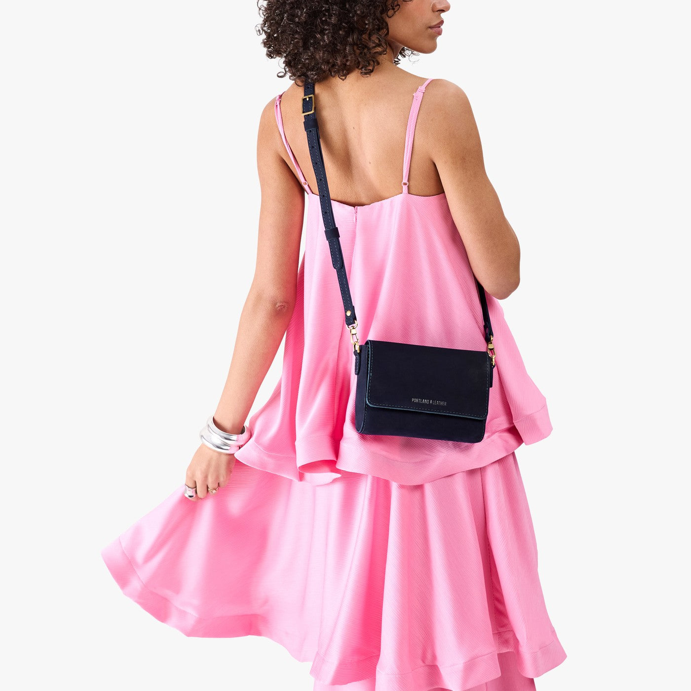 Velvet Blue*Mini | Model Wearing Small Leather Crossbody Bag with Magnetic Messenger Bag Closure