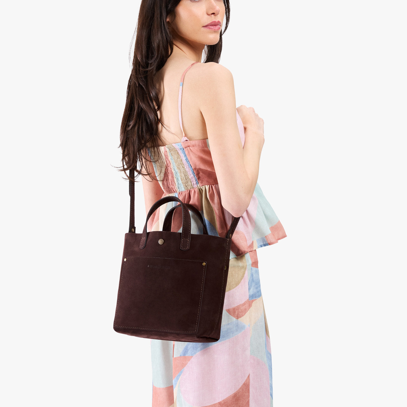 Velvet Brown*Classic | Model carrying crossbody tote bag with snap closure and front pocket