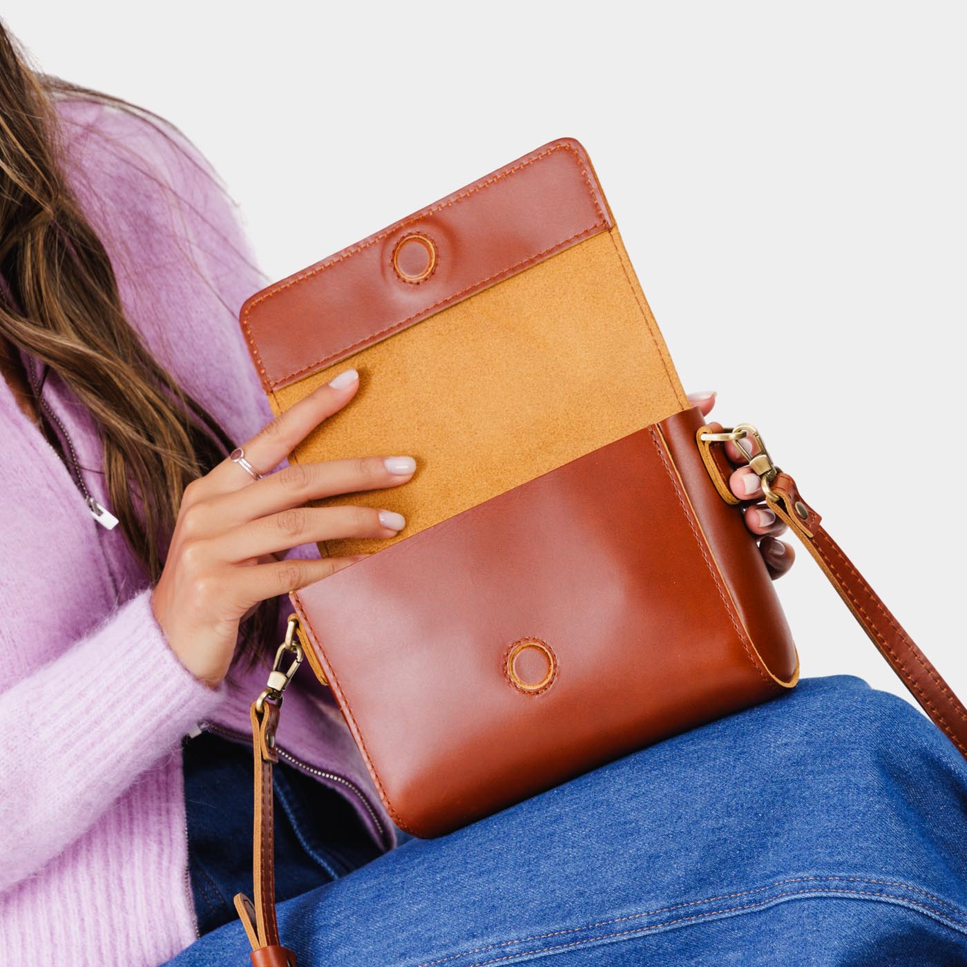 Madrone*Mini | Model Wearing Small Leather Crossbody Bag with Magnetic Messenger Bag Closure