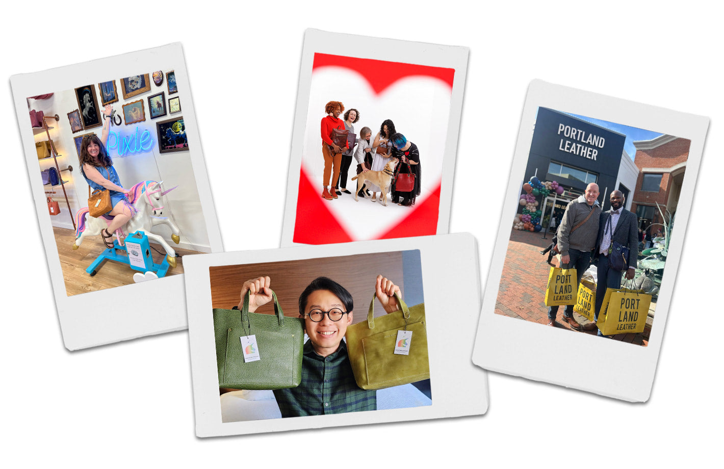 Collection of Polaroid-style photos showing people with PLG handbags.