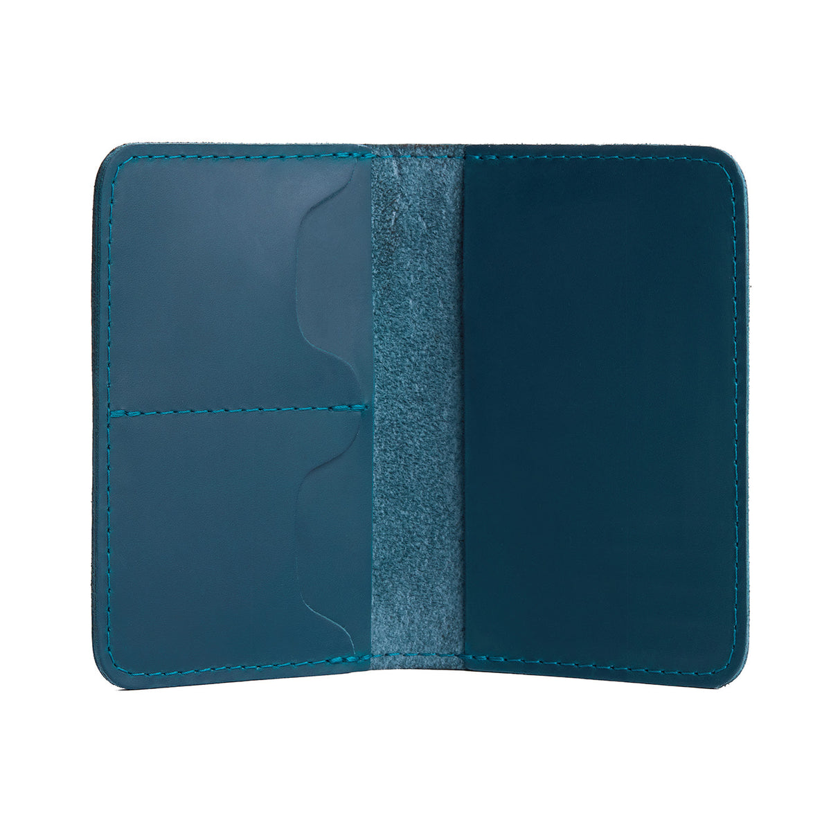 Westward Blue | Leather passport case with PLG logo open shot