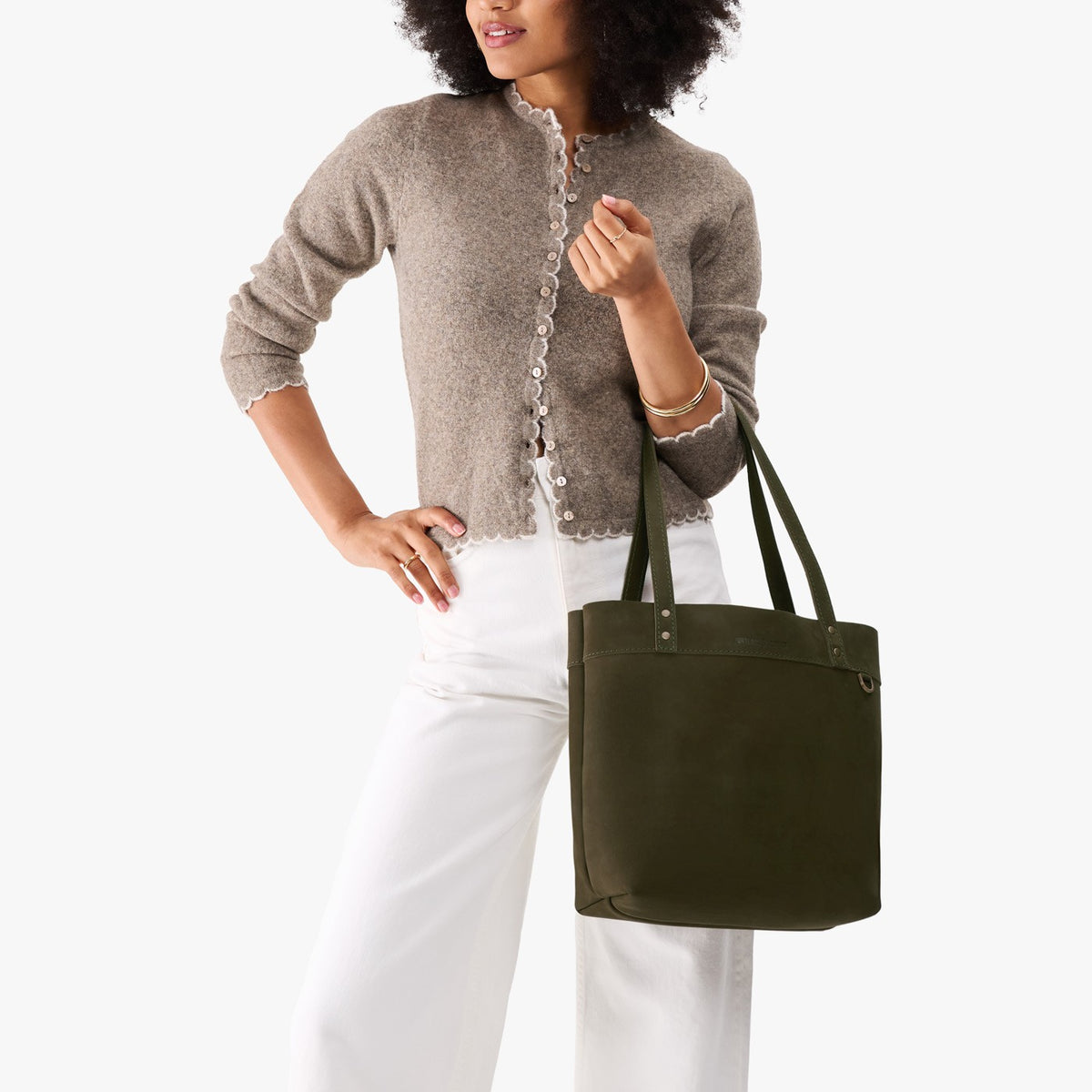 Verdant*Medium*Classic | Leather tote bag with riveted straps and exterior key loop