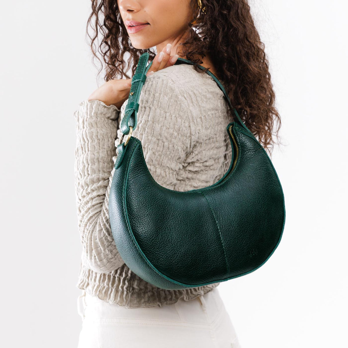 Forest Green*Small | Crescent shaped shoulder bag with zipper closure and adjustable strap