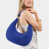 Joni Blue Large | Crescent shaped shoulder bag with zipper closure and adjustable strap