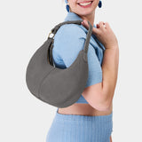 Smoke Grey Small | Crescent shaped shoulder bag with zipper closure and adjustable strap