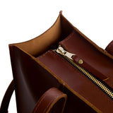 Cognac | Closeup of tote bag's zipper closure