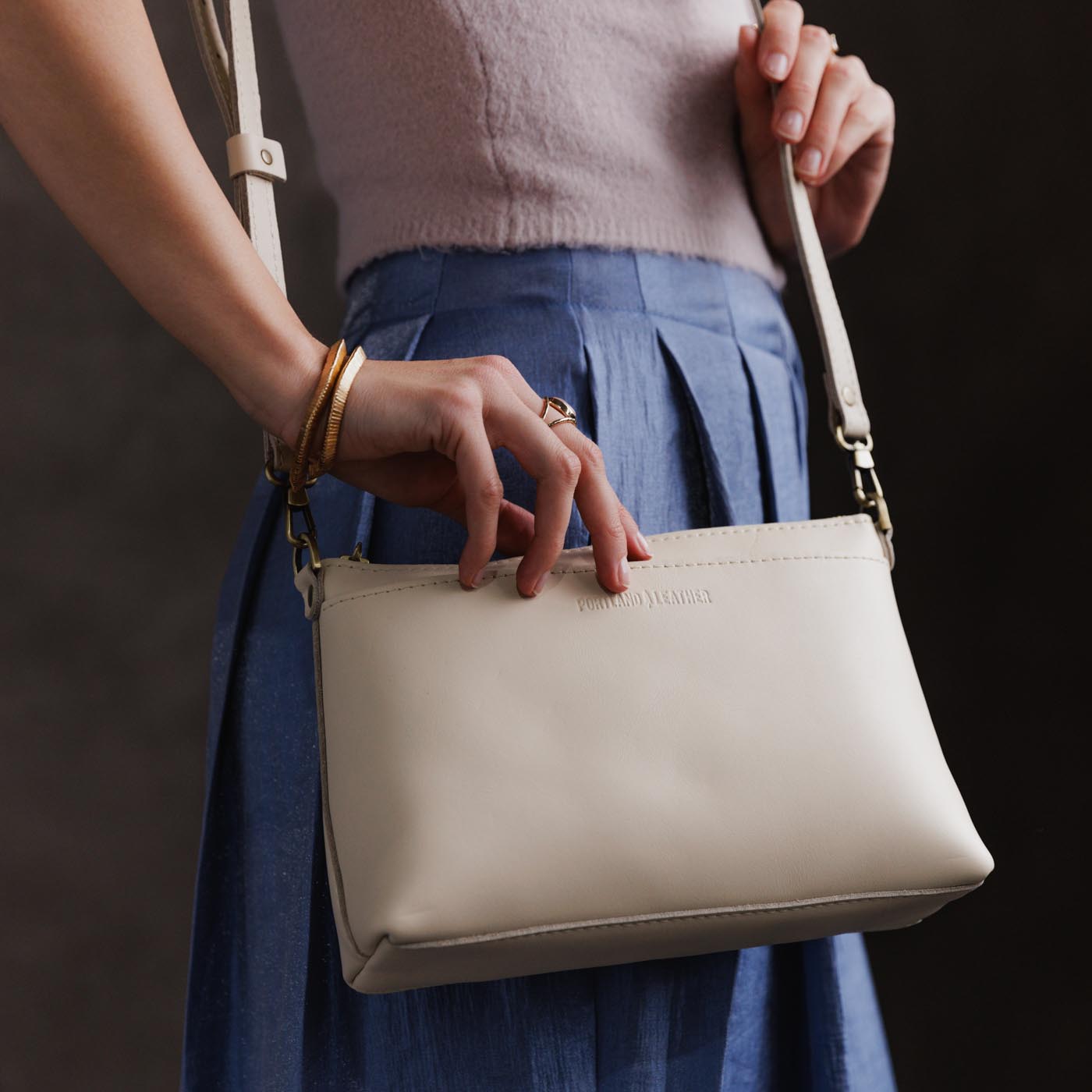  Bone*Small | Zip top petite crossbody bag with detachable strap
