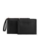 Black | Size comparison of both wristlet pouch with front pocket and zipper closure