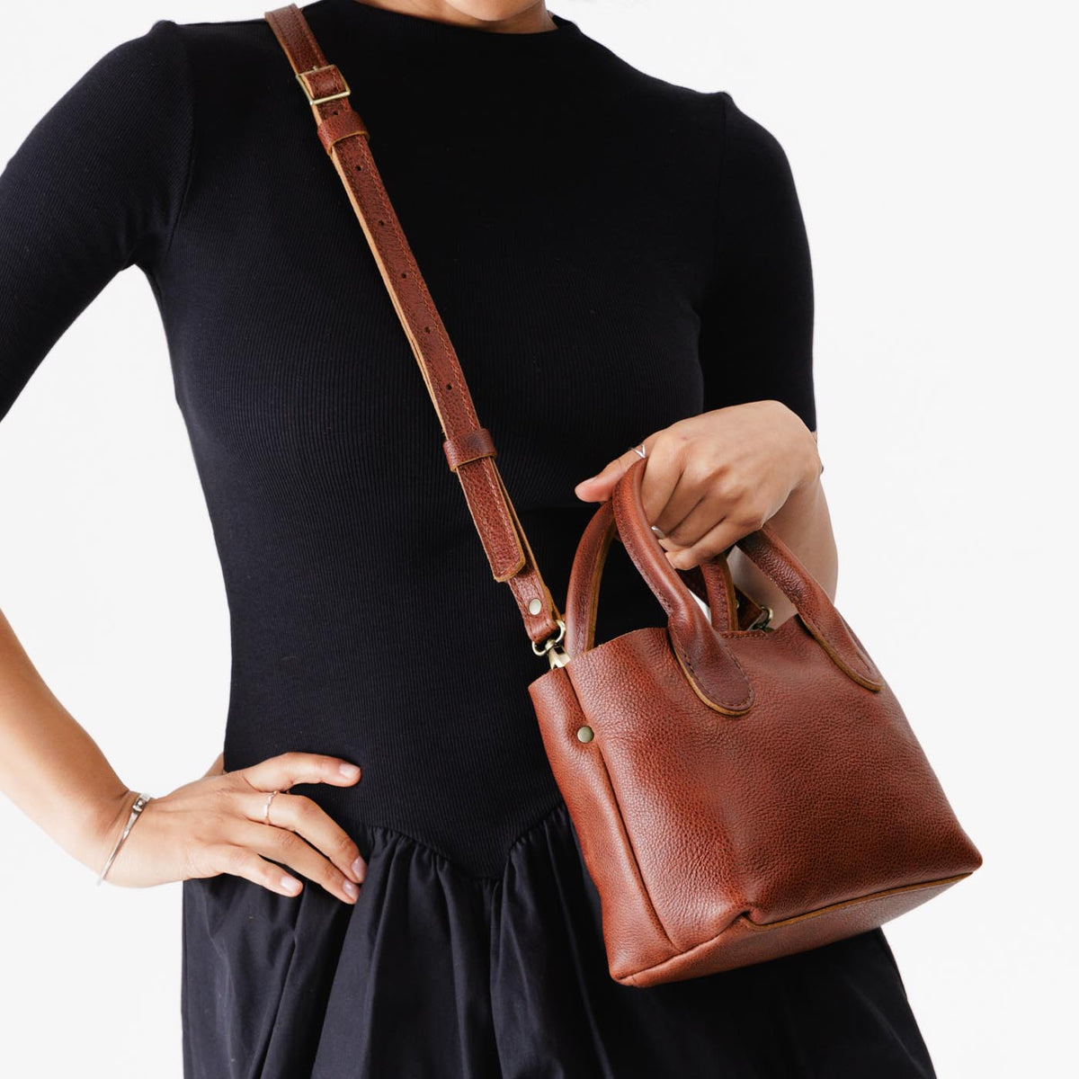 Nutmeg*Small | Petite tote purse with structured leather handles and crossbody strap