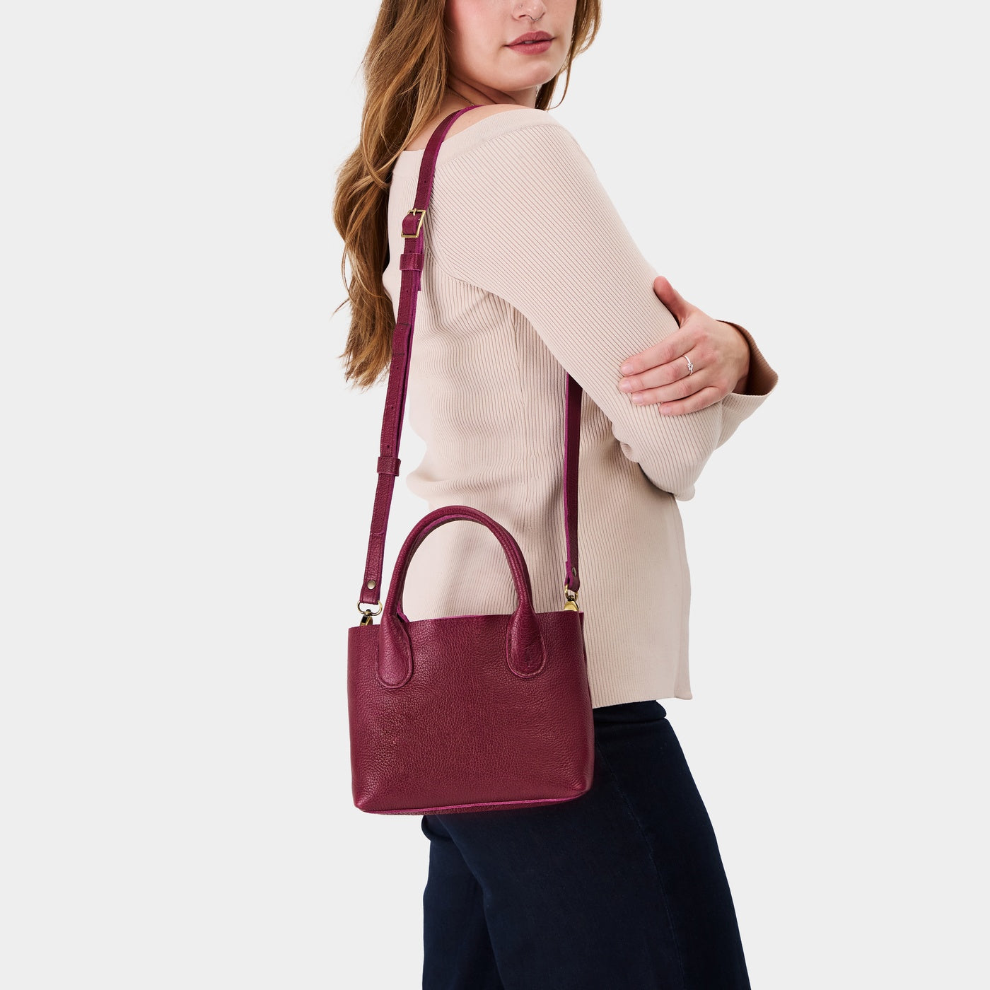 Orchid*Small | Petite tote purse with  structured leather handles and crossbody strap