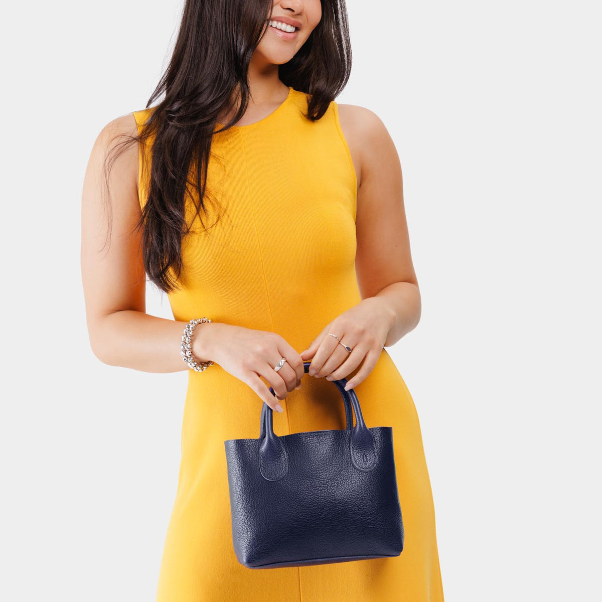 Cobalt*Small | Petite tote purse with structured leather handles and crossbody strap