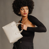  Bone  | Mid-size tote purse with  structured leather handles and crossbody strap