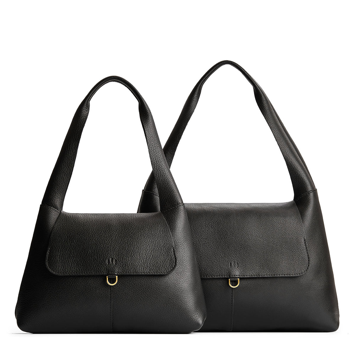 Pebbled--black | Comparison image of a slouchy triangle shaped shoulder bag with a flap
