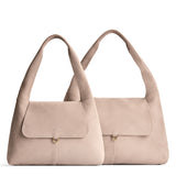 Taupe | Comparison image of a slouchy triangle shaped shoulder bag with a flap