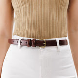 All Variants | pecan slim double loop leather belt on model's waist