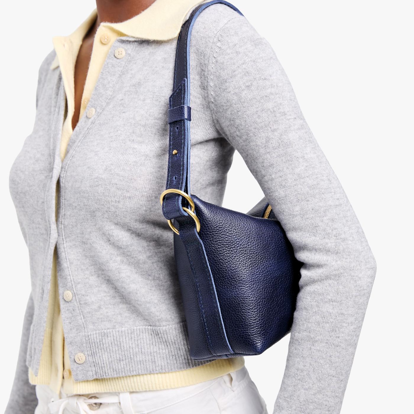 Cobalt*Small | Petite slouchy leather shoulder bag with zipper opening and three metal tree emblems