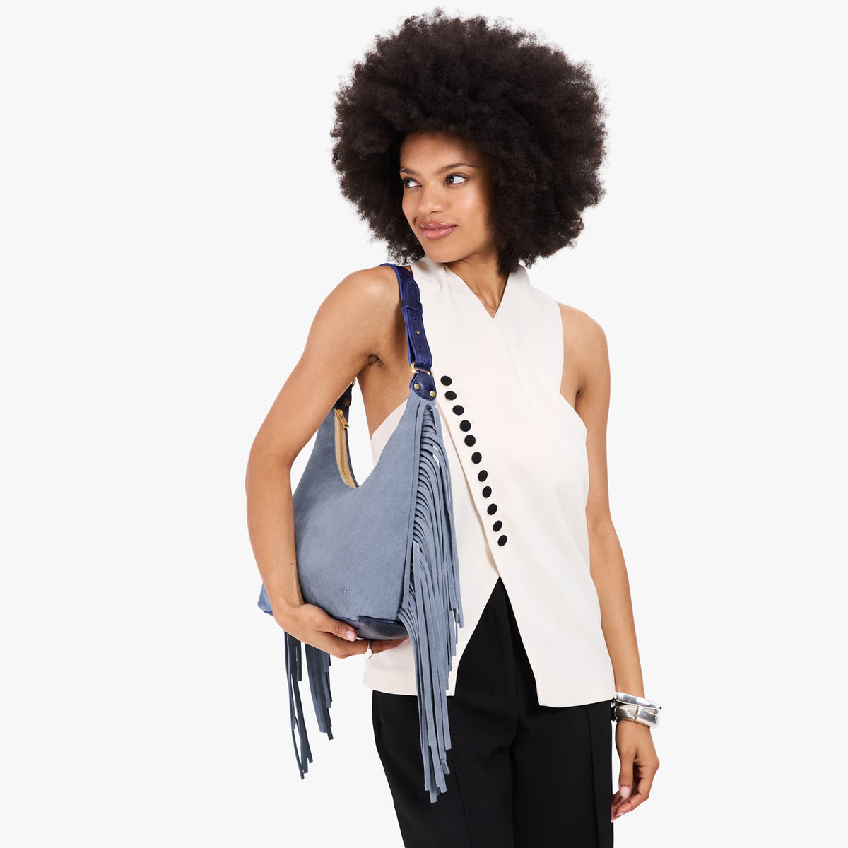 Denim*Small*Fringe | U-shaped shoulder bag with adjustable strap and fringe detail