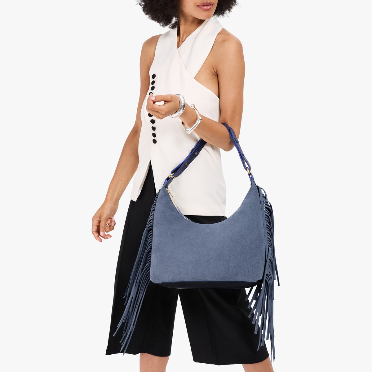 Denim*Small*Fringe | U-shaped shoulder bag with adjustable strap and fringe detail