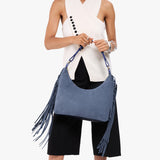 Denim Small Fringe | U-shaped shoulder bag with adjustable strap and fringe detail