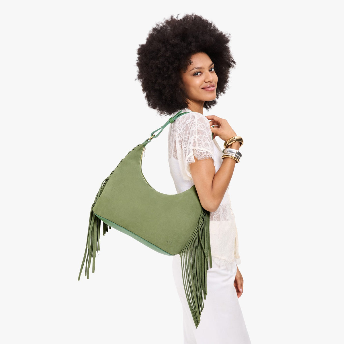 Laurel*Small*Fringe | U-shaped shoulder bag with adjustable strap and fringe detail