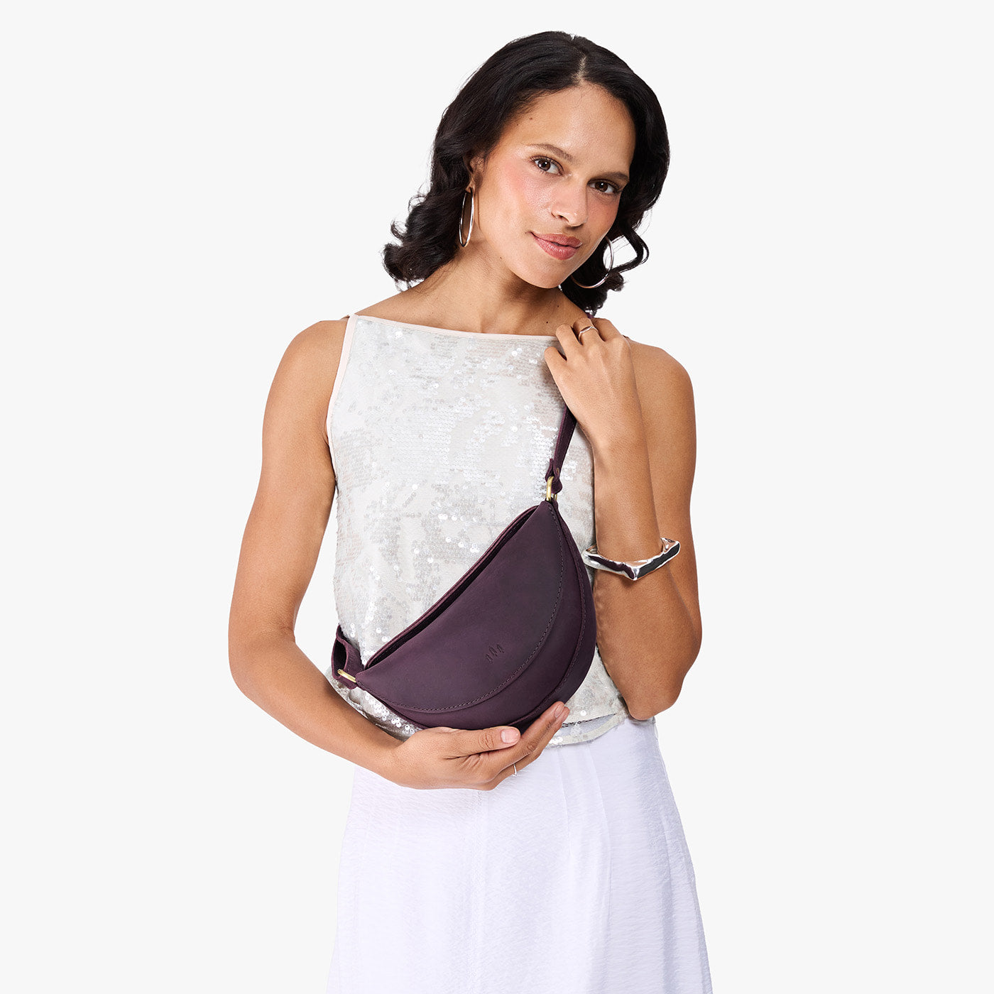 Larkspur*Small | Model wearing petite half circle shaped sling bag