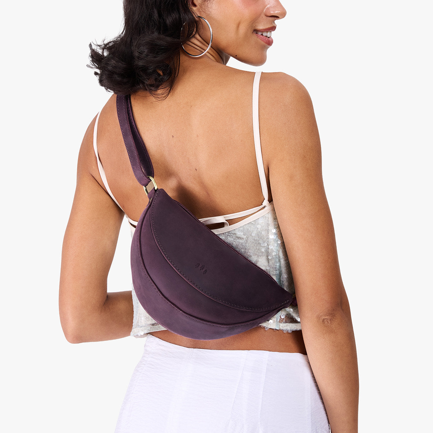 Larkspur*Small | Model wearing petite half circle shaped sling bag