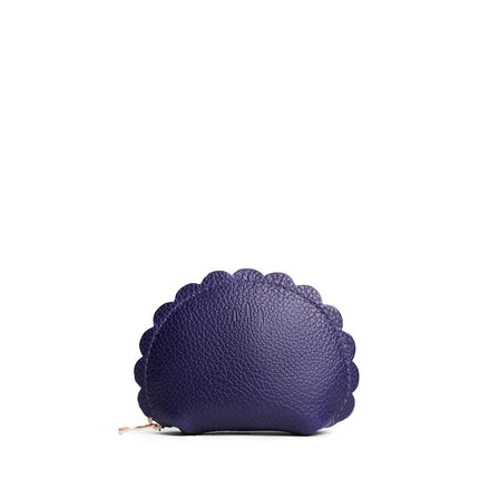 Cobalt*Small | Curved leather pouch with zipper and scalloped edges