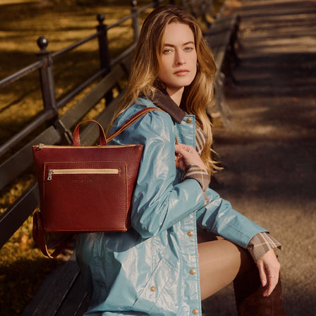 Nutmeg*Small | Small square slim leather tote backpack
