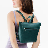 Sea Glass Small | Model wearing square slim leather tote backpack 