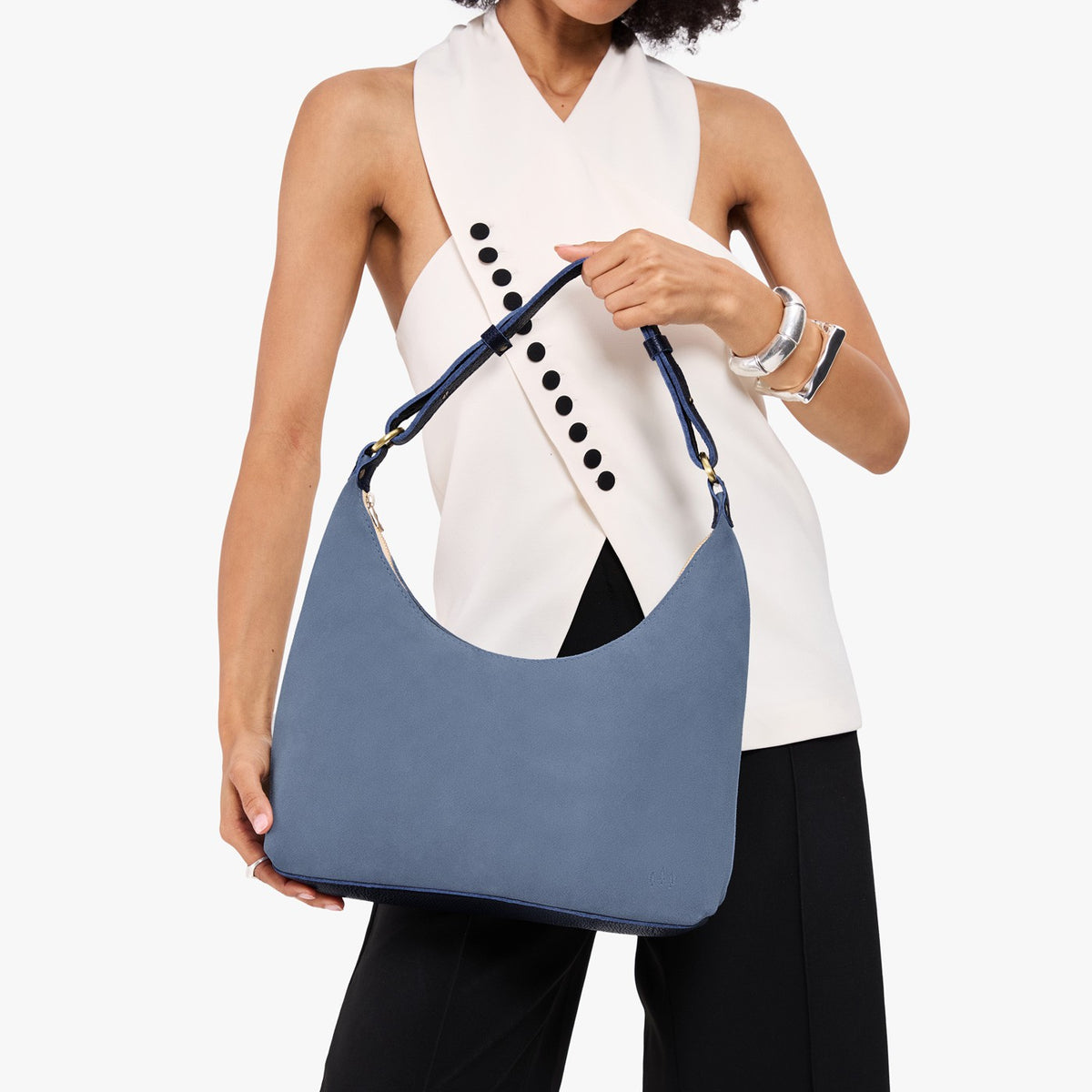 Denim*Small*Classic | U-shaped shoulder bag with adjustable strap and fringe detail