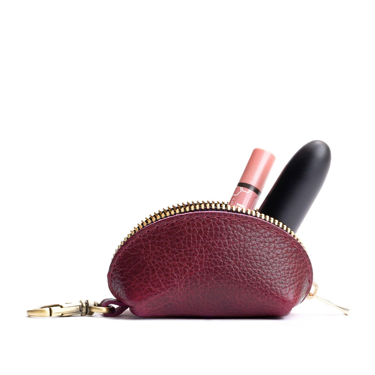 Orchid | Taco shaped leather pouch with zipper and swivel lobster clasp on white background