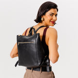 All Color: Black Large | Model wearing square slim leather tote backpack