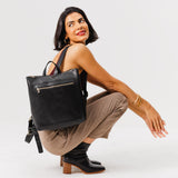 All Color: Black Large | Model wearing square slim leather tote backpack