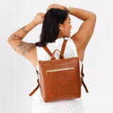 All Color: Honey Large | Model wearing square slim leather tote backpack