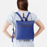 Molino Blue Large | Model wearing square slim leather tote backpack