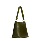 Pebbled Olive Small | Triangular shoulder bag with antiqued brass finished hardware