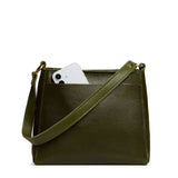 Pebbled Olive Small | Triangular shoulder bag with antiqued brass finished hardware