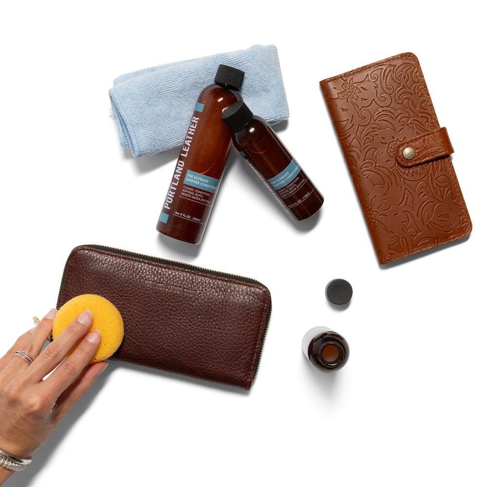 All Variants | The Ultimate Leather Conditioner bottles with squeeze disc top cap in 4oz and 8oz sizes