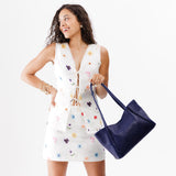 Cobalt Medium | Model holding midsize rectangular tote bag
