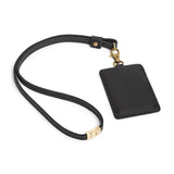 Black | A leather lanyard attached to a matching card holder on a white background