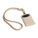 Pebbled Bone | A leather lanyard attached to a matching card holder on a white background