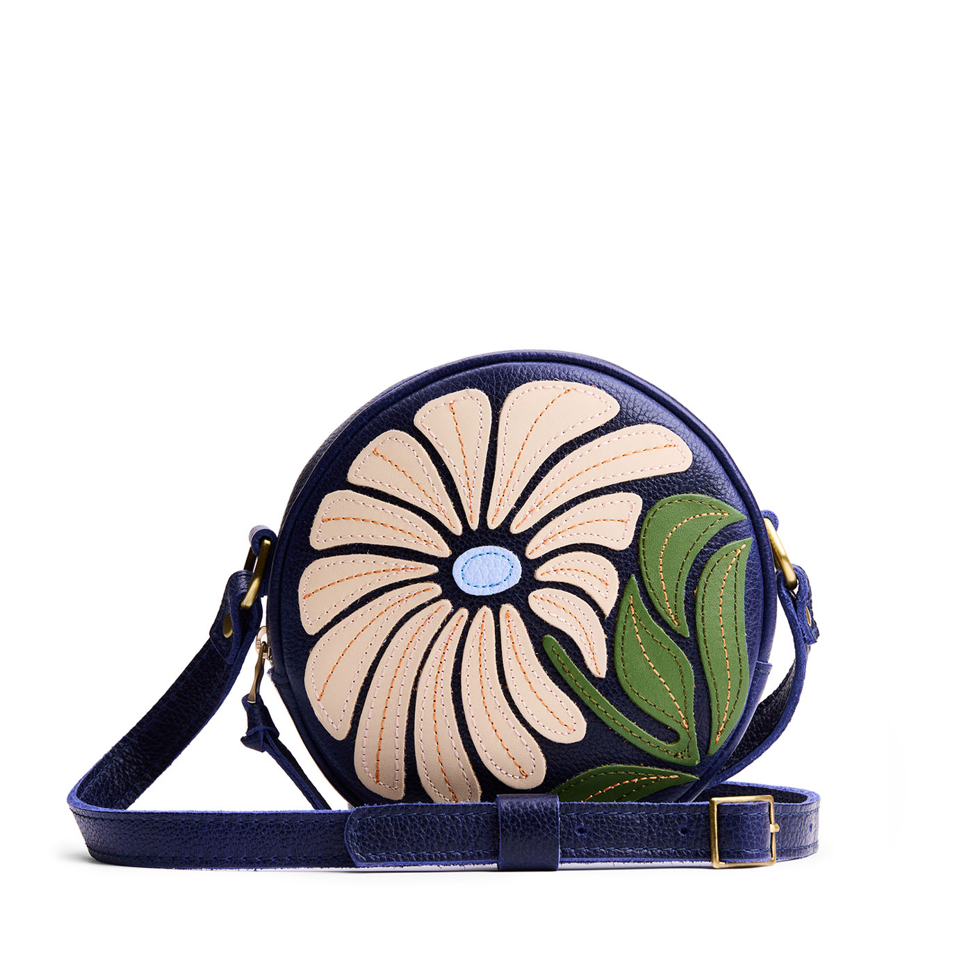 Wildflower Cobalt*Small | Circle shaped crossbody bag with embroidered flower design